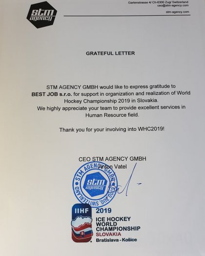 Ďakovný list MS v hokeji 2019